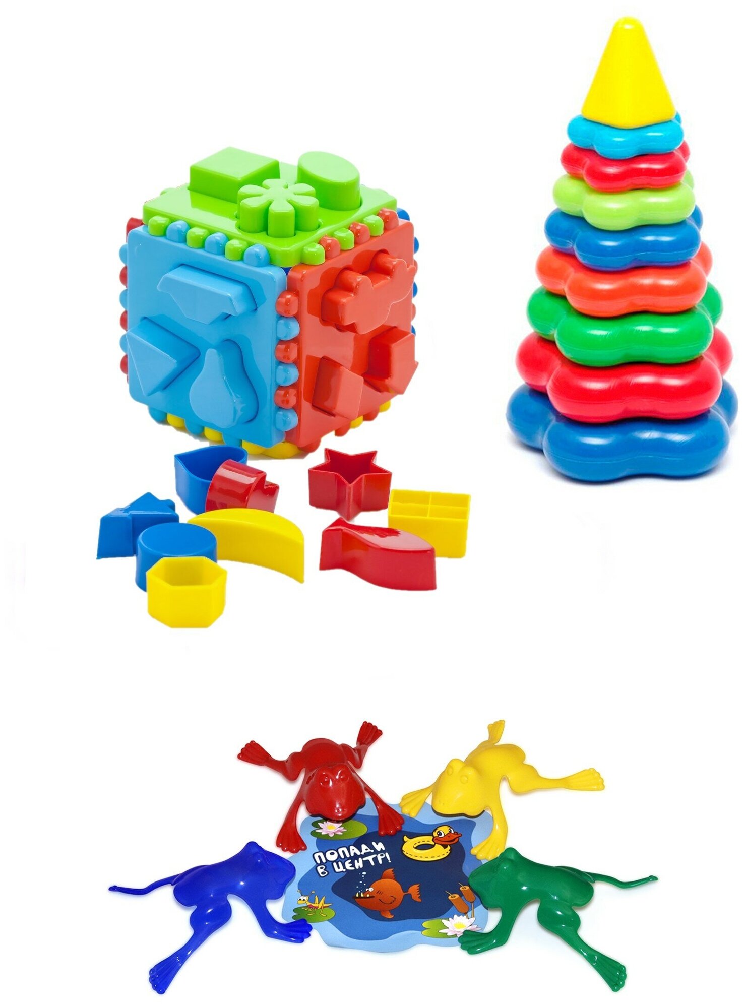 Развивающие игрушки для малышей: Сортер Кубик логический большой + Пирамидка детская большая + Команда КВА №1 KAROLINA TOYS