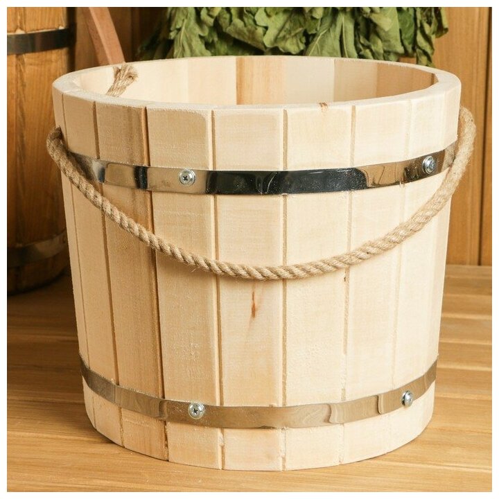 фото Ведро из липы, 10л, нержавеющий обруч, ручка-веревка, "Добропаровъ"