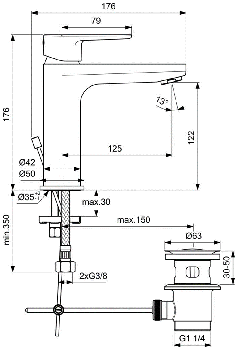Однорукоятковый смеситель для умывальника с металлическим донным клапаном Ideal Standard CERAFINE O BC699XG - фотография № 2