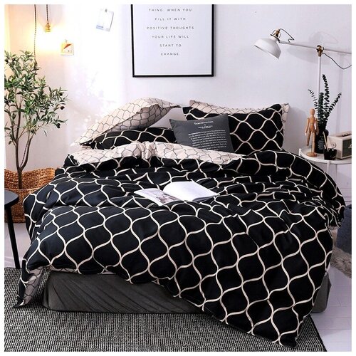 фото Комплект постельного белья grazia textile black wave, евро, смесовая ткань, 2 наволочки 70х70, чёрный, бежевый, геометрический
