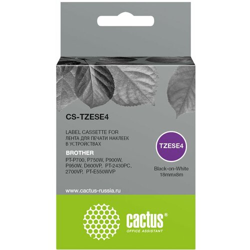 Картридж Cactus CS-TZESE4, TZe-SE4, черный / 18мм, черный шрифт, белый фон, 8м ( CS-TZESE4