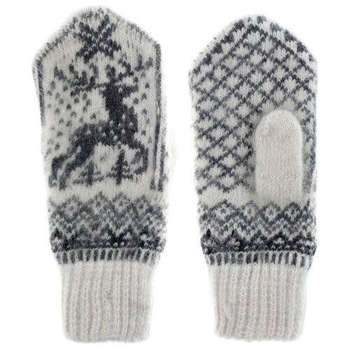 фото Шерстяные варежки женские, рукавички из 100 % козьей шерсти, скандинавский орнамент олень, 6-8 размер снежно