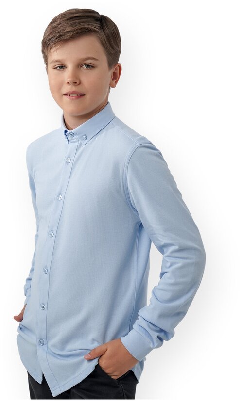 Школьная рубашка Winkiki, прямой силуэт, на пуговицах, длинный рукав, без карманов, манжеты, трикотажная, однотонная, размер 158, голубой