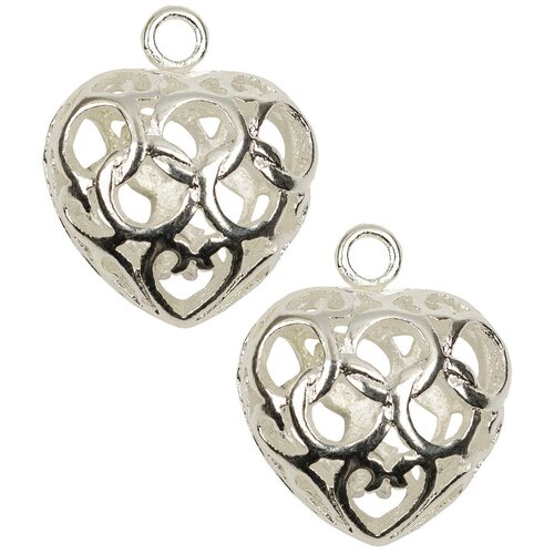 фото Набор подвесок, филигранные, сердце, длина - 17 мм, ширина - 15 мм, толщина - 10 мм, диаметр отверстия - 1, 5 мм, материал: латунь с посеребрением, 2 шт. kaboshon