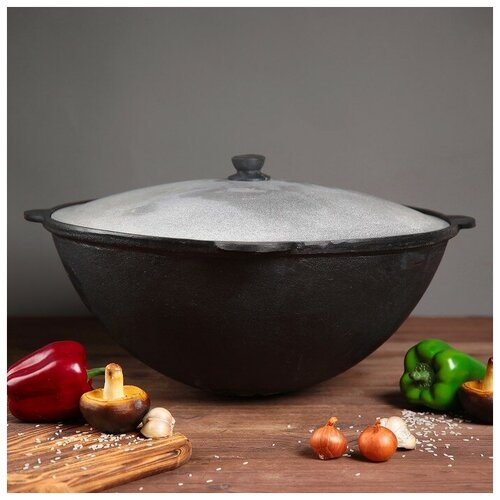 Казан чугунный 22 л круглое дно алюминиевая крышка 7310₽