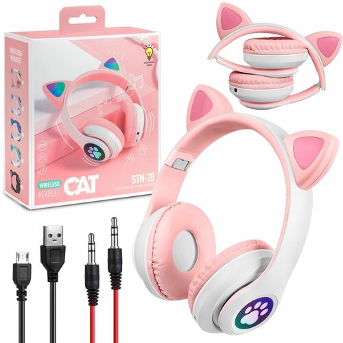 Беспроводные наушники Bluetooth STN-28 со светящимися кошачьими ушами Розовые 74400₽