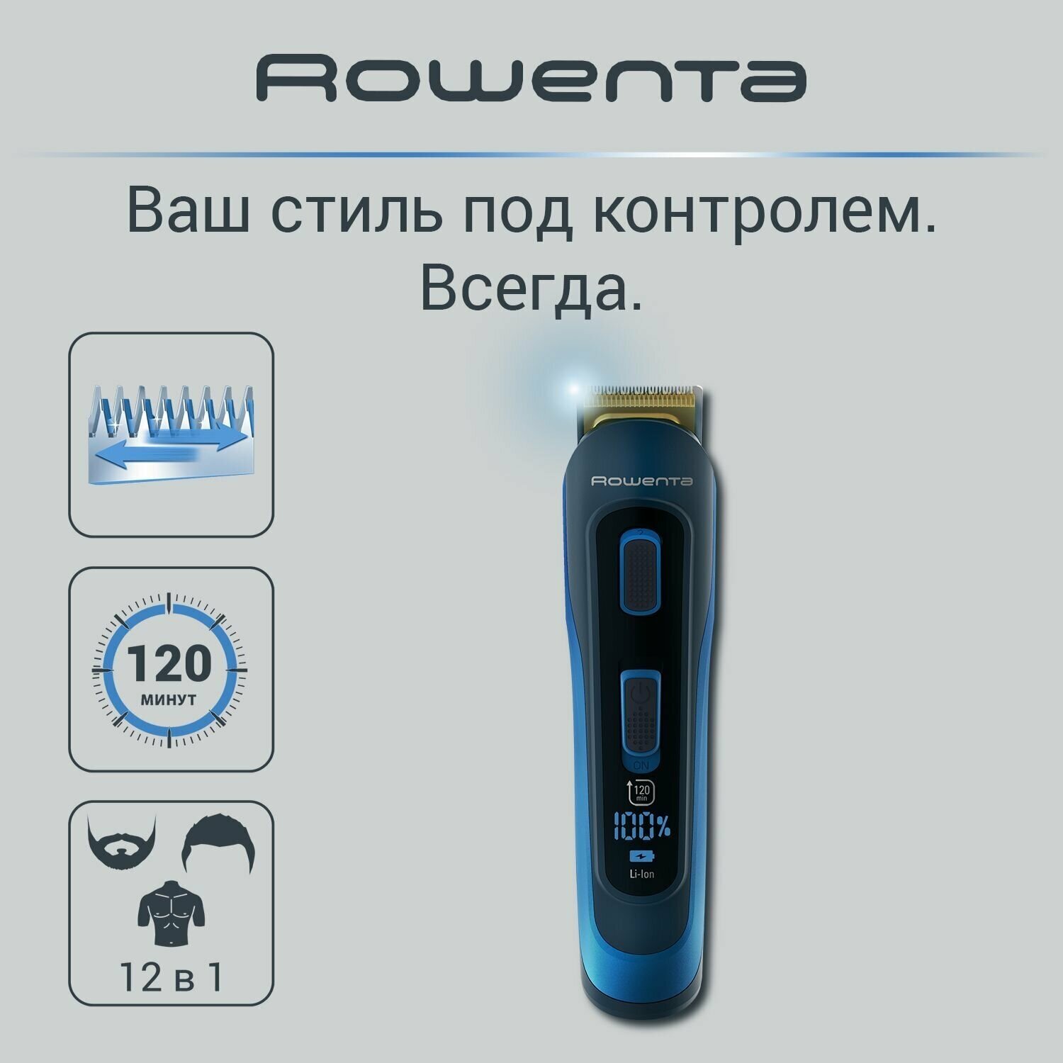 Мужской триммер 14в1 для стрижки бороды и носа Rowenta Selectium TN9460F4 Xpert с 12 насадками и чехлом, синий