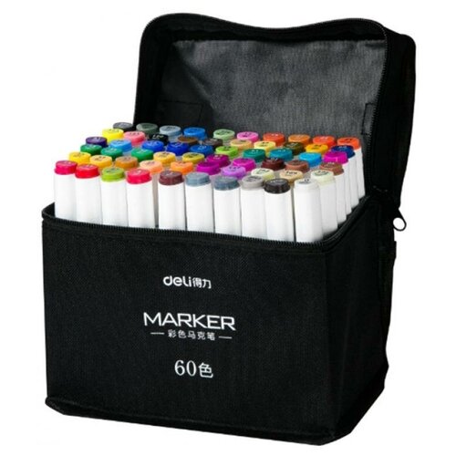 фото Набор маркеров для скетчинга deli 70807-60 двухсторонний 60цв. ассорти текстильная сумка