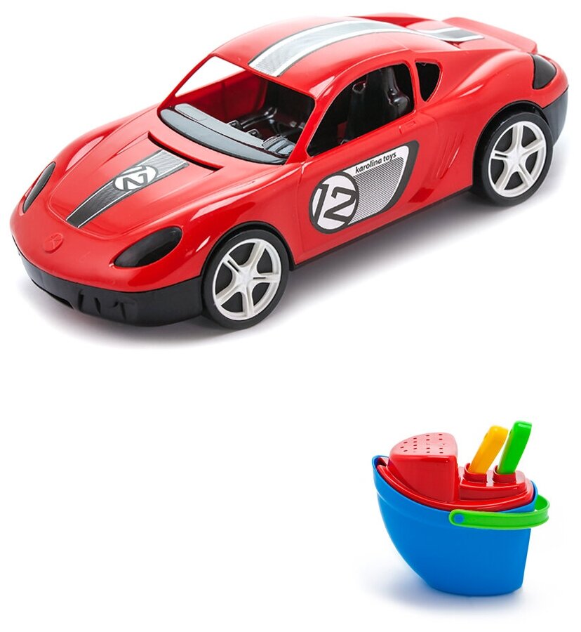 Игрушки для песочницы для снега Автомобиль Молния красный + Песочный набор Пароходик