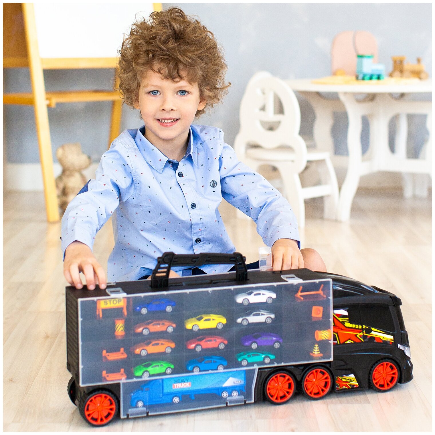 Детская машинка серии "Мой город" (Автовоз - кейс 60 см, черный. Набор из 12 машинок, 1 фуры и 8 дорожных знаков) G205-001