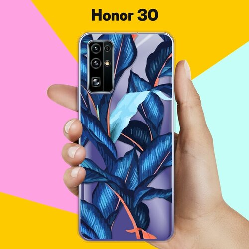 Силиконовый чехол Синие листья на Honor 30 силиконовый чехол на honor play 30 хонор плэй 30 синие бабочки прозрачный