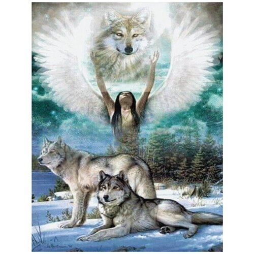 Алмазная мозаика на подрамнике 30х40 Волки на фоне ангела с крыльями