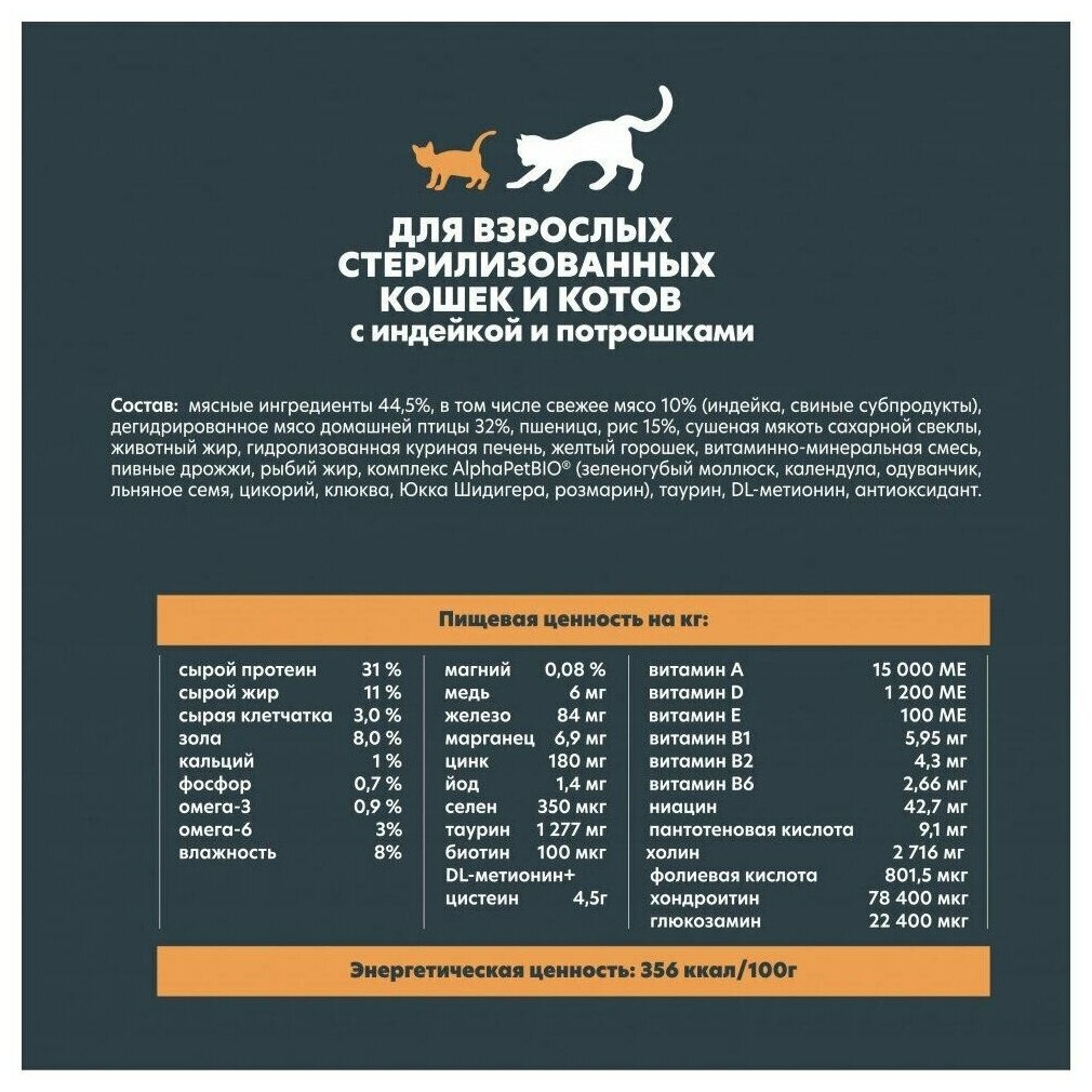 Сухой полнорационный корм с индейкой и потрошками для взрослых стерилизованных кошек и котов AlphaPet WOW Superpremium 0,75 кг - фотография № 2
