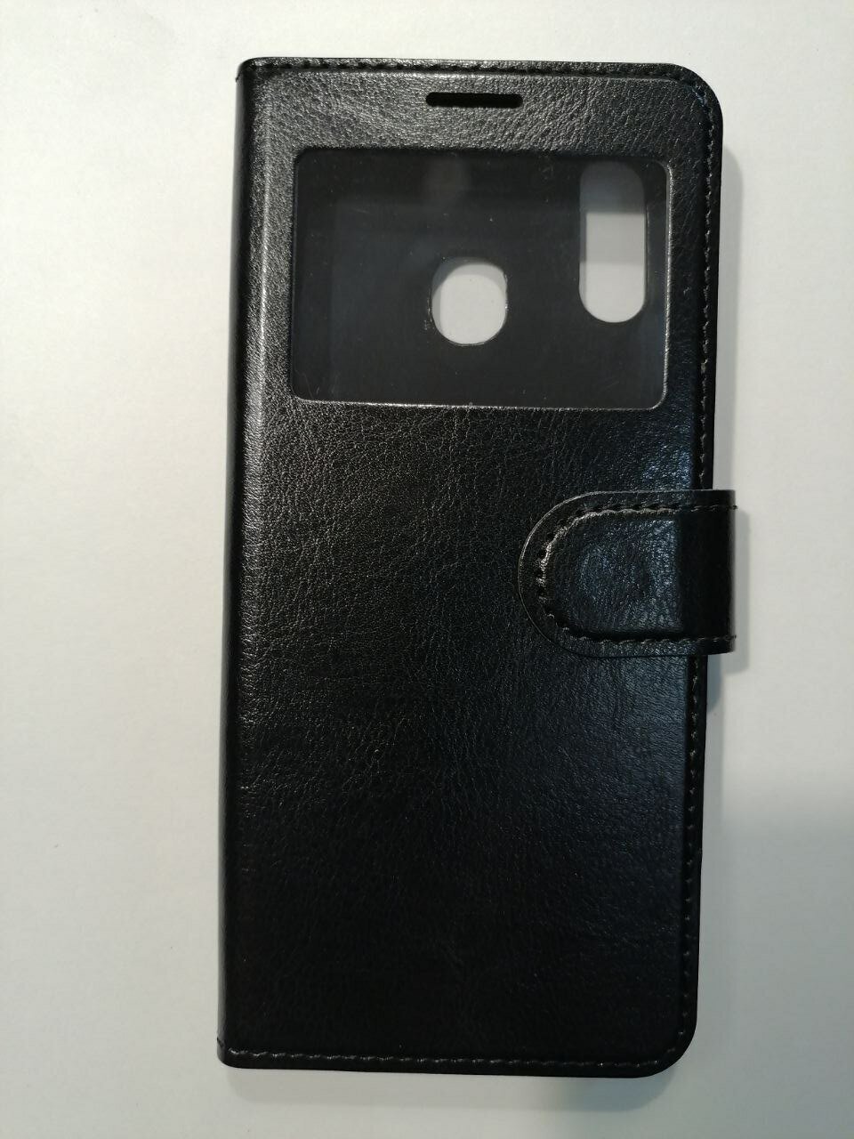 Чехол-книжка черный для Huawei P30 Lite с окошком, отделением для карт и подставкой.