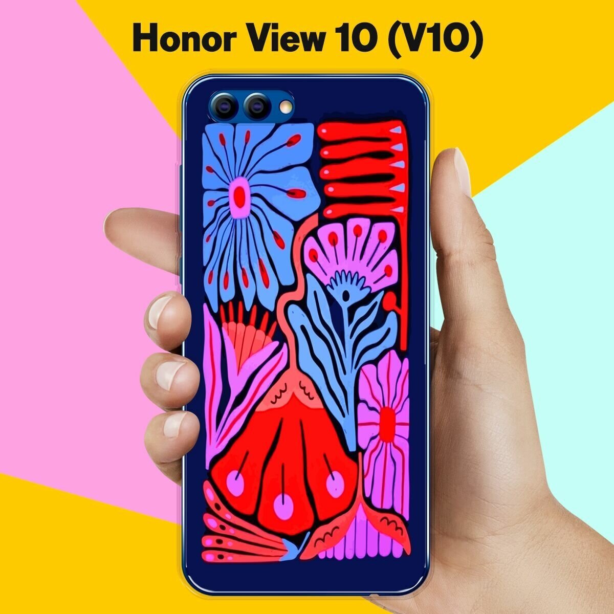 Силиконовый чехол на Honor View 10 (V10) Цветы на синем / для Хонор Вьюв 10 В10