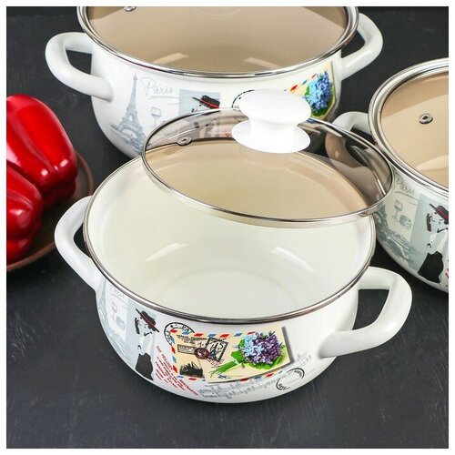 фото Набор кастрюль фиалка монмарта, 3 кастрюли: 1,5 л, 2 л, 3 л керченская эмаль 4842711 . yandex market