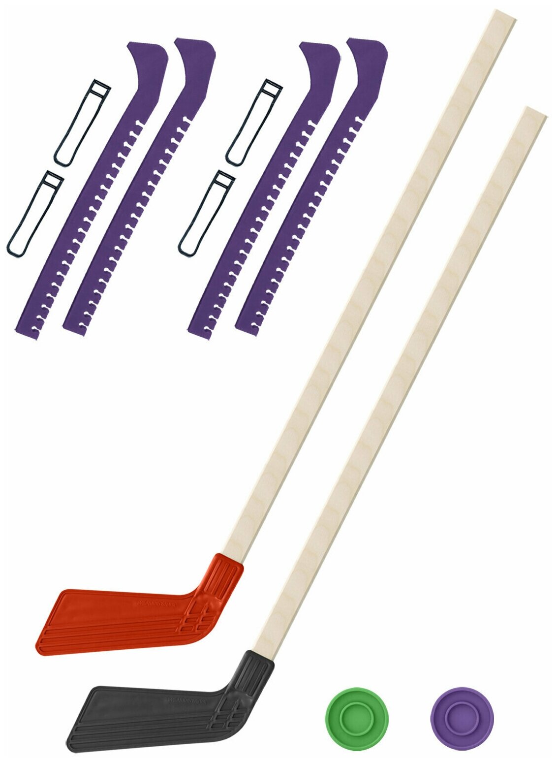 Детский хоккейный набор для игр на улице Клюшка хоккейная детская 2 шт красная и чёрная 80 см.+2 шайбы + Чехлы для коньков фиолетовые - 2 шт.