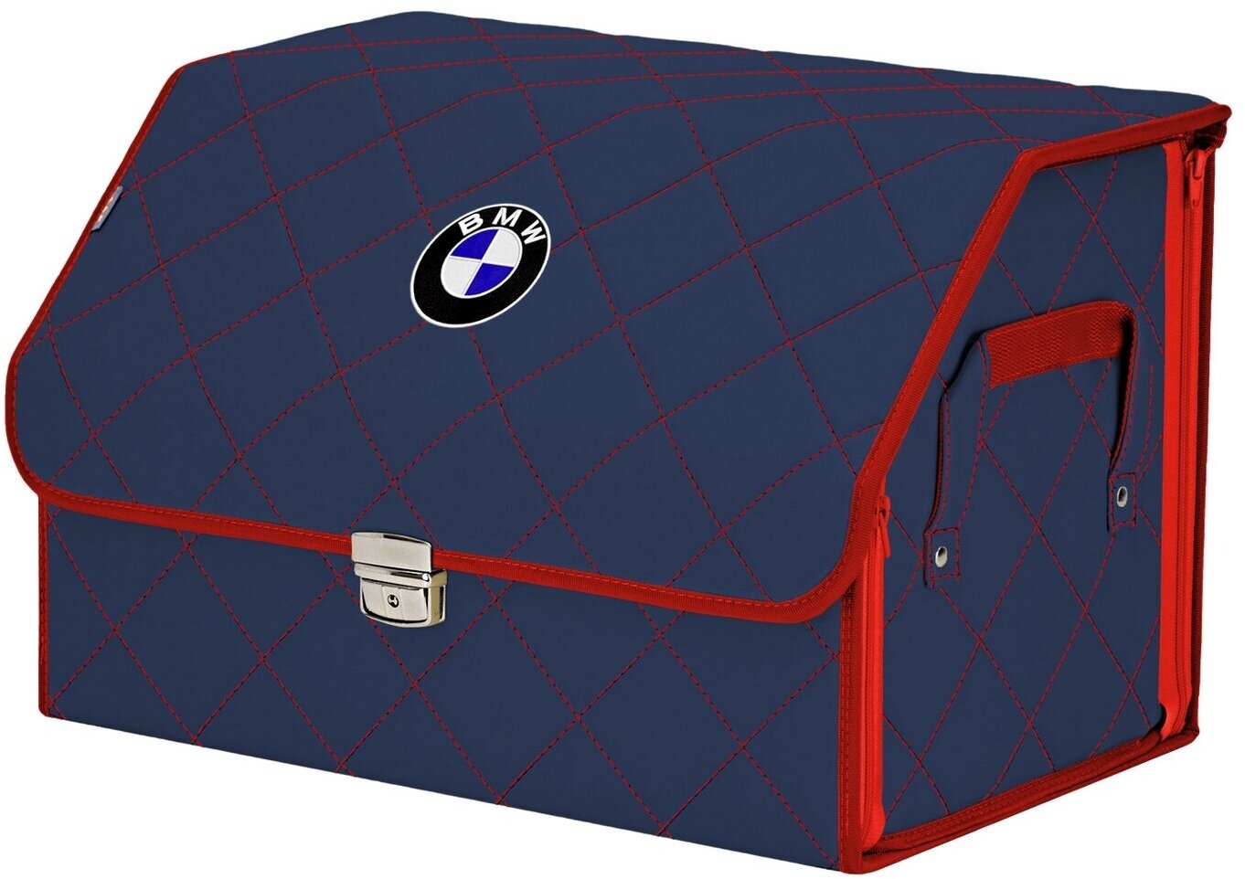 Органайзер-саквояж в багажник "Союз Премиум" (размер L). Цвет: синий с красной прострочкой Ромб и вышивкой BMW (БМВ).