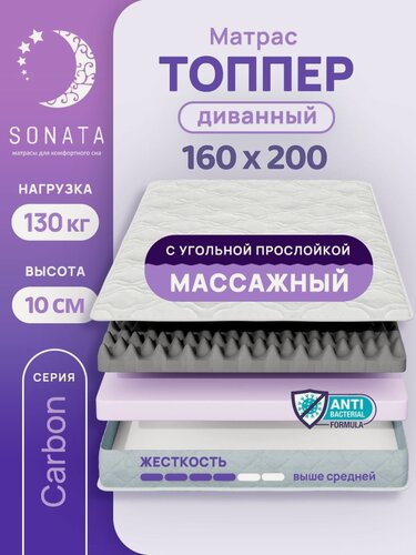 Изображение товара Топпер матрас 160х200 см SONATA, ортопедический, беспружинный, высота 10 см с массажным эффектом