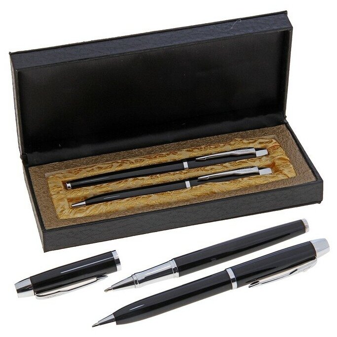 Ручки подарочные 2 штуки в кожзам футляре Вектор (капиллярная и шариковая поворотная) черные