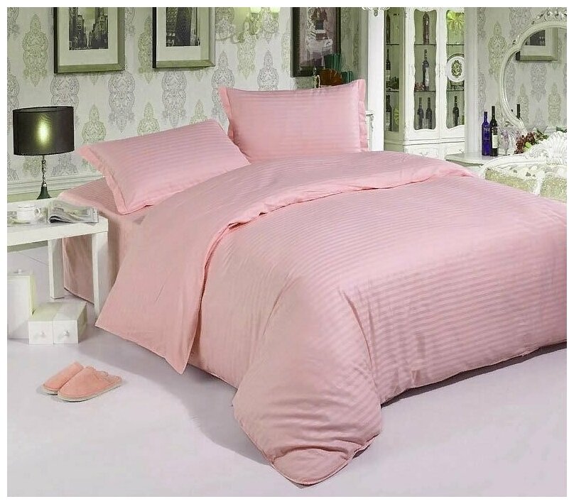 Постельное бельё Maktex из страйп-сатина 1,5 спальное Розовый 1х1 Универсал