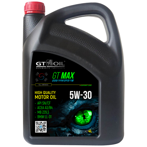 Масло GT OIL Max SAE 5W-30 (API SN/CF ACEA A3/B4) синт. (4 л) MB 229.3; BMW LL-01; FIAT 9.55535-G2; PSA B71 2300; Renault RN0700/0710; VW 502 00/505 00