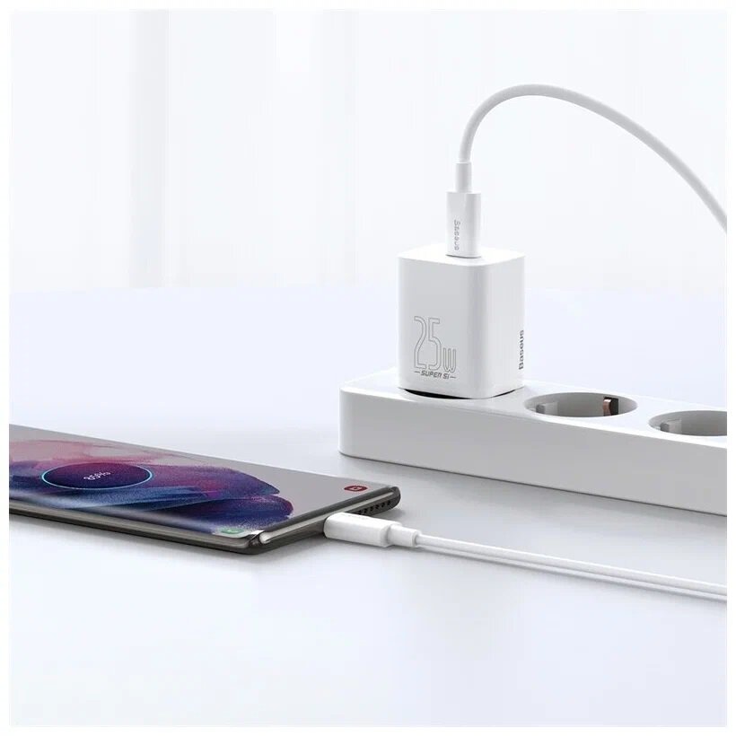 Зарядное устройство BASEUS Super Si Quick Charge, USB-C 25W + Кабель Type-C-Type-C, 3A, Белый, TZCCSUP-L02 — фото 1