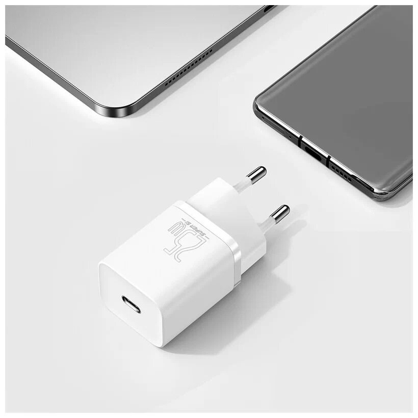 Зарядное устройство BASEUS Super Si Quick Charge, USB-C 25W + Кабель Type-C-Type-C, 3A, Белый, TZCCSUP-L02 — фото 1