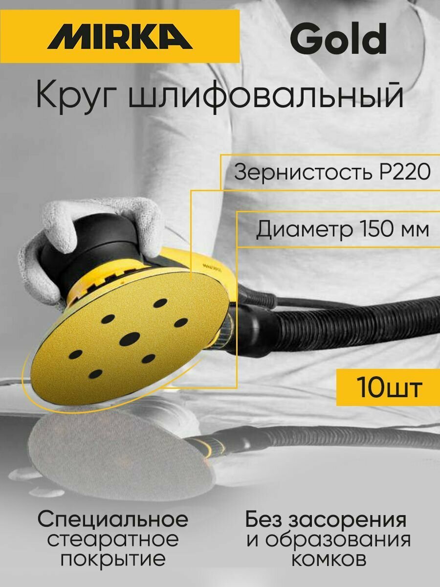 Круг шлифовальный Mirka Gold 150 мм, P220 (15 отверстий), 10 шт