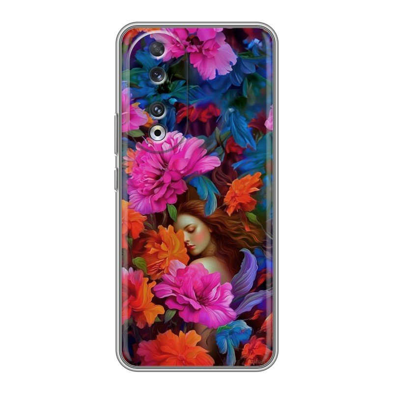 Дизайнерский силиконовый чехол для Хонор 90 / Huawei Honor 90 Девушка и цветы