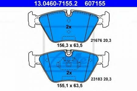 Колодки тормозные дисковые передн, BMW: 3 325 i/325 xi/330 d/330 i/330 xd/330 xi 98-05, 3 Touring 330 d/330 i/330 xd/330 xi 99-05, 3 кабрио 330 Cd/33, 13046071552 ATE 13.0460-7155.2