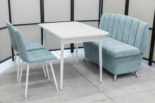 Изображение товара Обеденная группа Альт-3 Дуо, стол белый Ост термопластик, 110(140)х70 см, обивка дивана антивандальная, моющаяся, антикоготь, цвет ментол