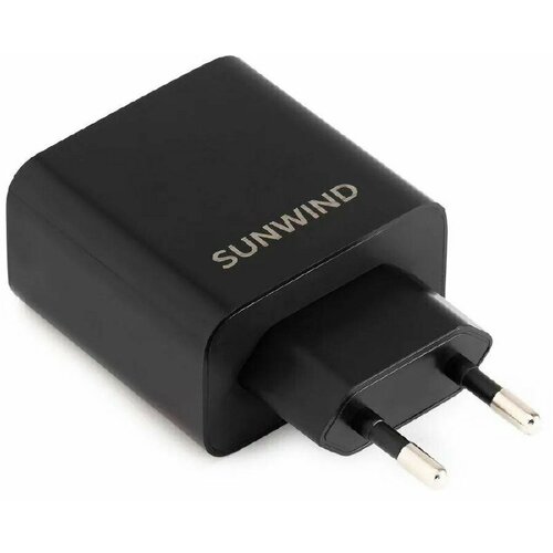 Сетевое зарядное устройство, SunWind, блок для зарядки, USB + USB type C, 30Вт, 3A, черного цвета