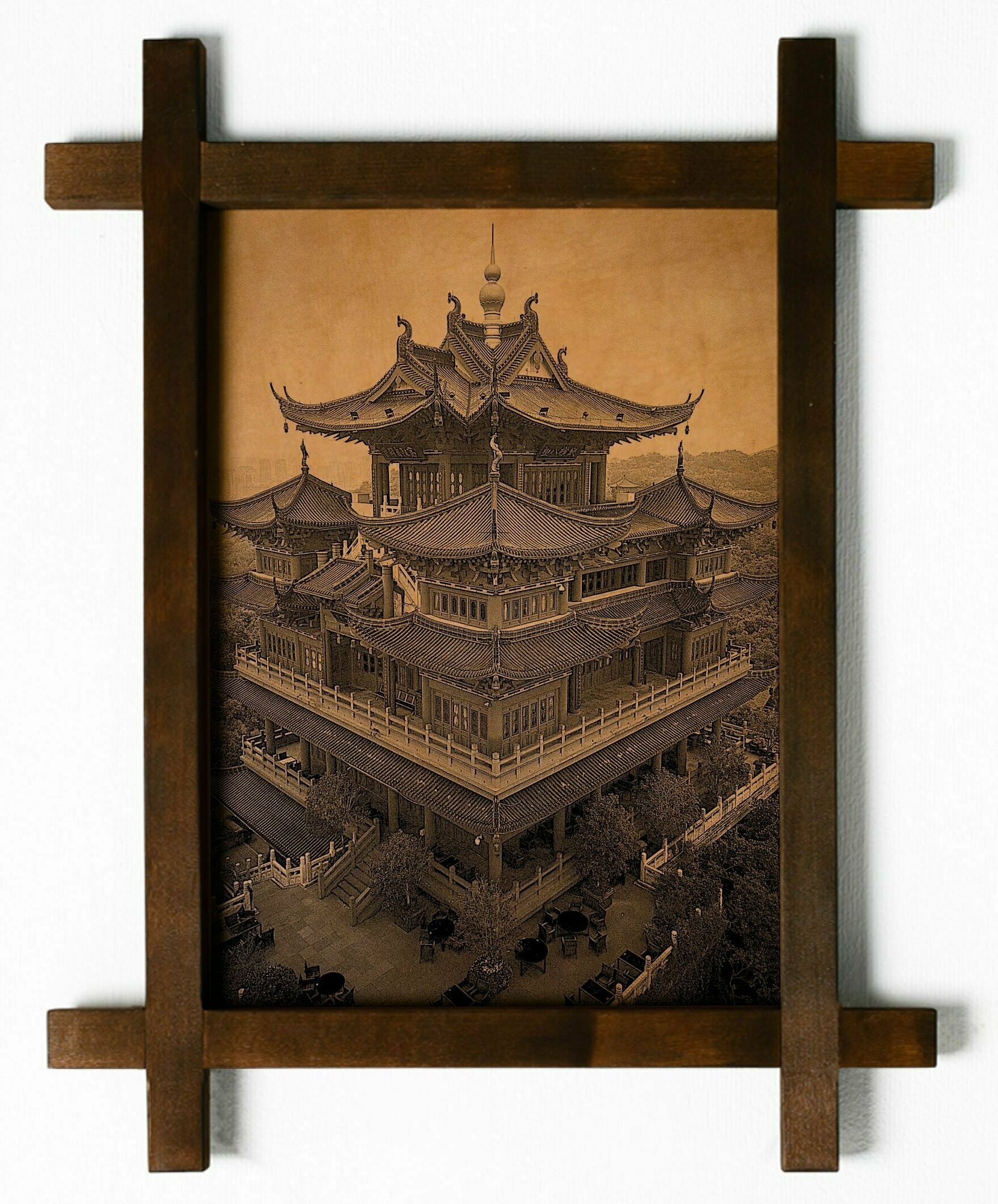 Картина Архитектура Японии, гравировка на натуральной коже, интерьерная для украшения и декора на стену в деревянной раме, подарок, BoomGift