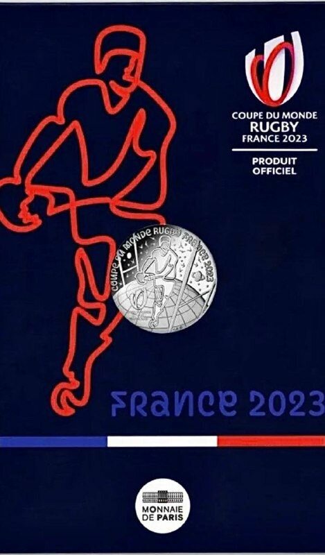 Серебряная монета 10 евро Чемпионат мира по регби в буклете. Франция 2023 UNC