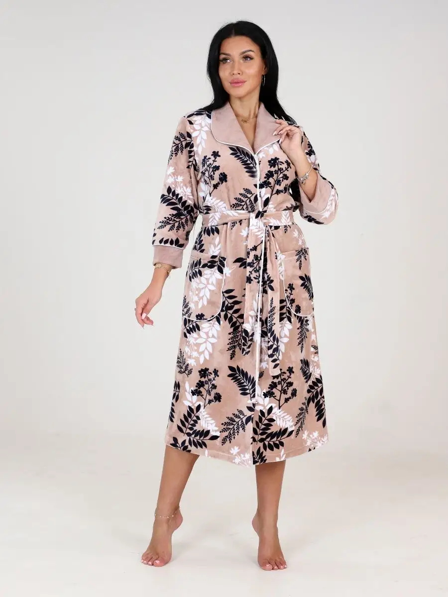 фото Халат велюровый на молнии за колено, халат хлопок средней длины, с карманами, большой размер. Текстильный бум.