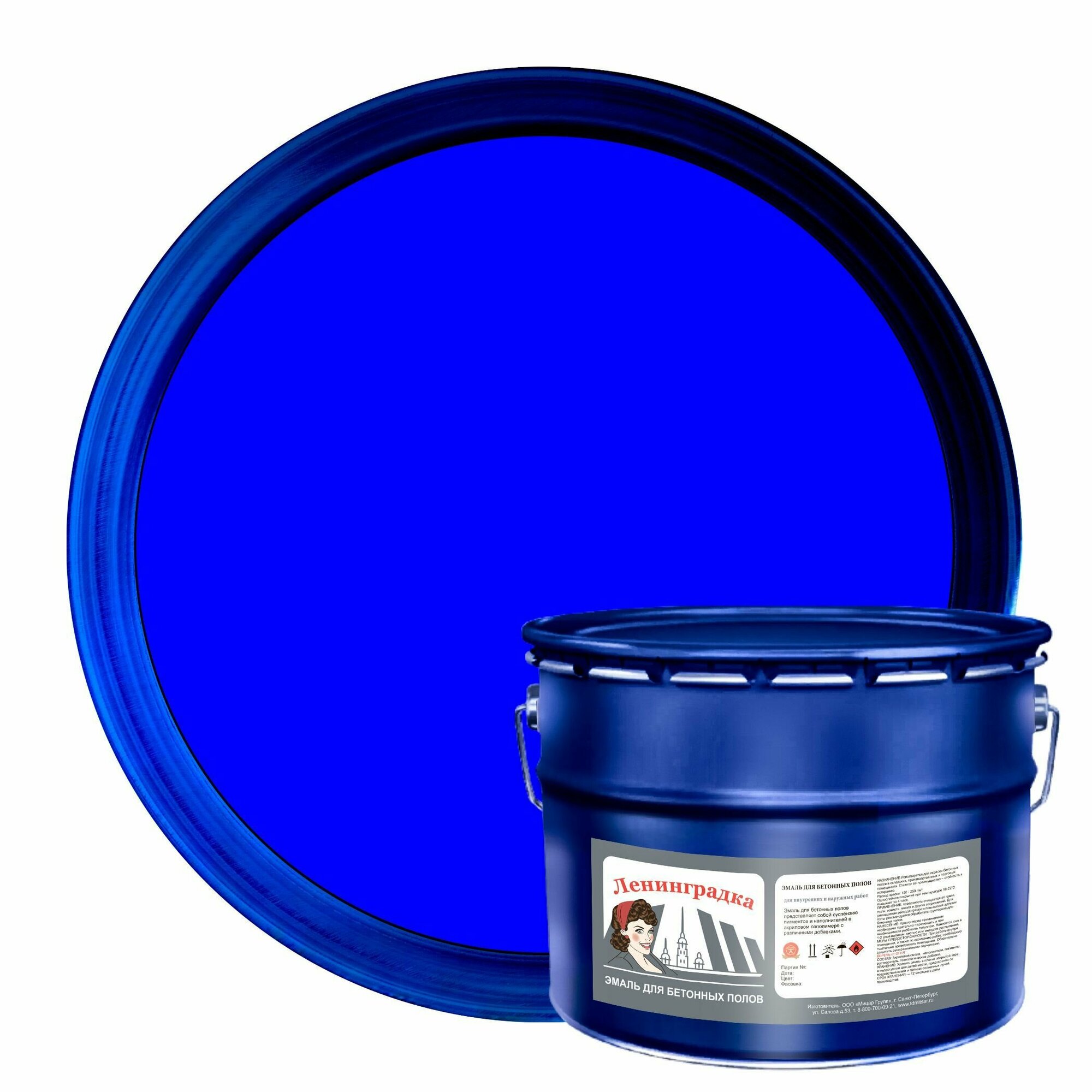 Краска для бетонных полов 10 кг. - Ленинградка АК-114 - быстросохнущая - не без запаха - влагостойкая - моющаяся - стойкая к истиранию - атмосфероустойчивая - морозостойкая - акриловая - матовая - применяется при температуре от -15 до +35 оС - цвет синий