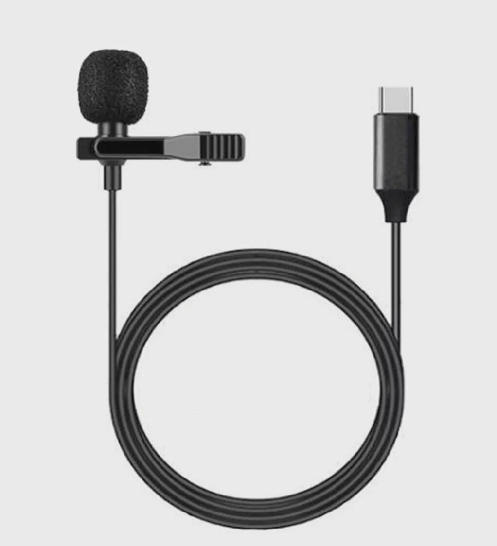 Петличный микрофон UN-203 / Конденсаторный микрофон с выходом Type C (чистый звук, шумоподавление) / Универсальный, 1.5 метра, черный