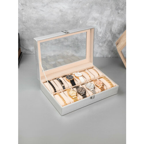 Шкатулка для 12 часов закрывается на замок, стеклянная крышка, серебряный