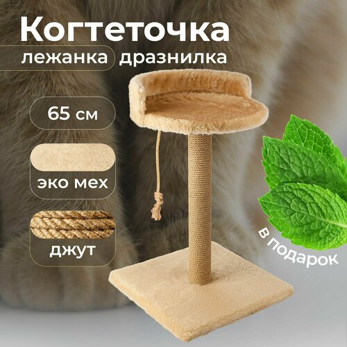 Напольная когтеточка для кошки 65 см с лежанкой комплекс когтедралка для кота, столбик джут, дразнилка