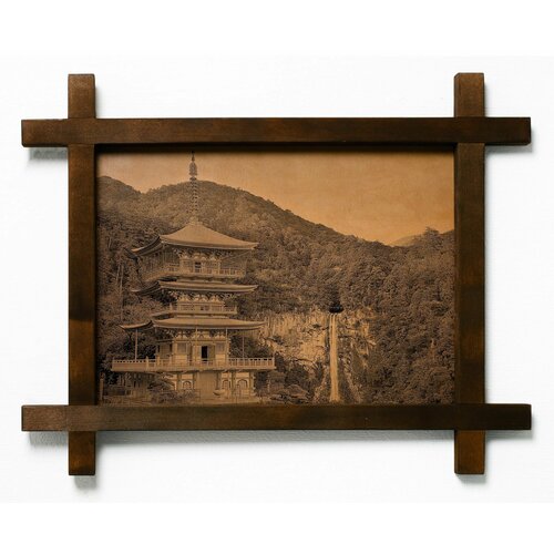 Картина Храм Сэйганто дзи, Япония, гравировка на натуральной коже, интерьерная для украшения и декора на стену в деревянной раме, подарок, BoomGift