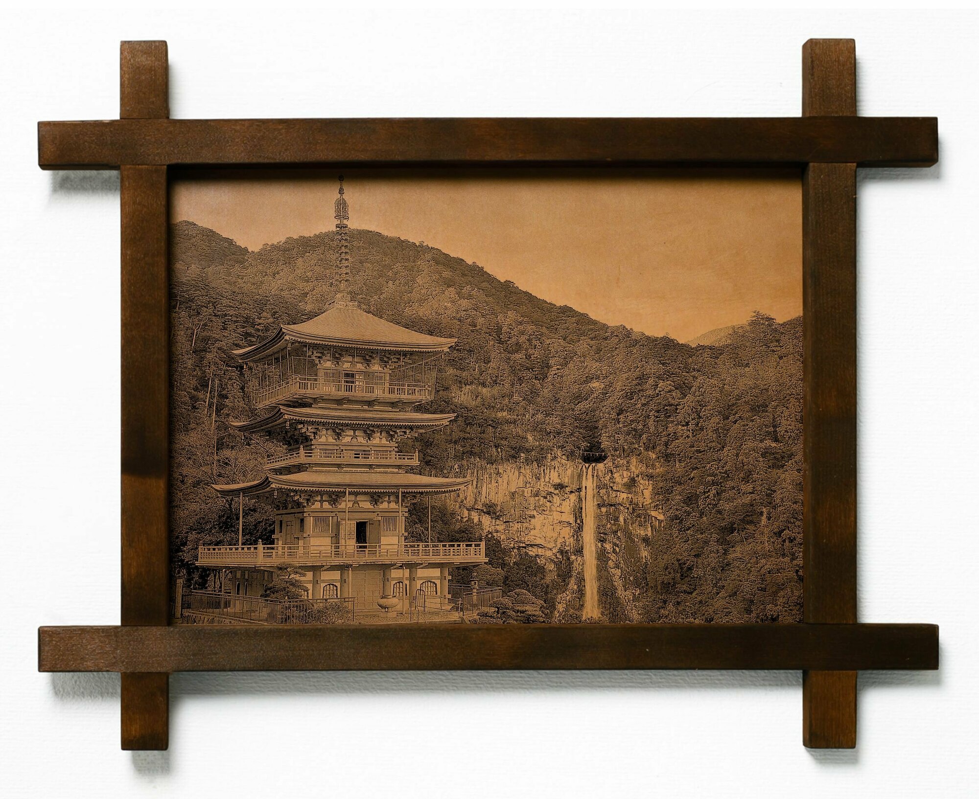 Картина Храм Сэйганто дзи, Япония, гравировка на натуральной коже, интерьерная для украшения и декора на стену в деревянной раме, подарок, BoomGift