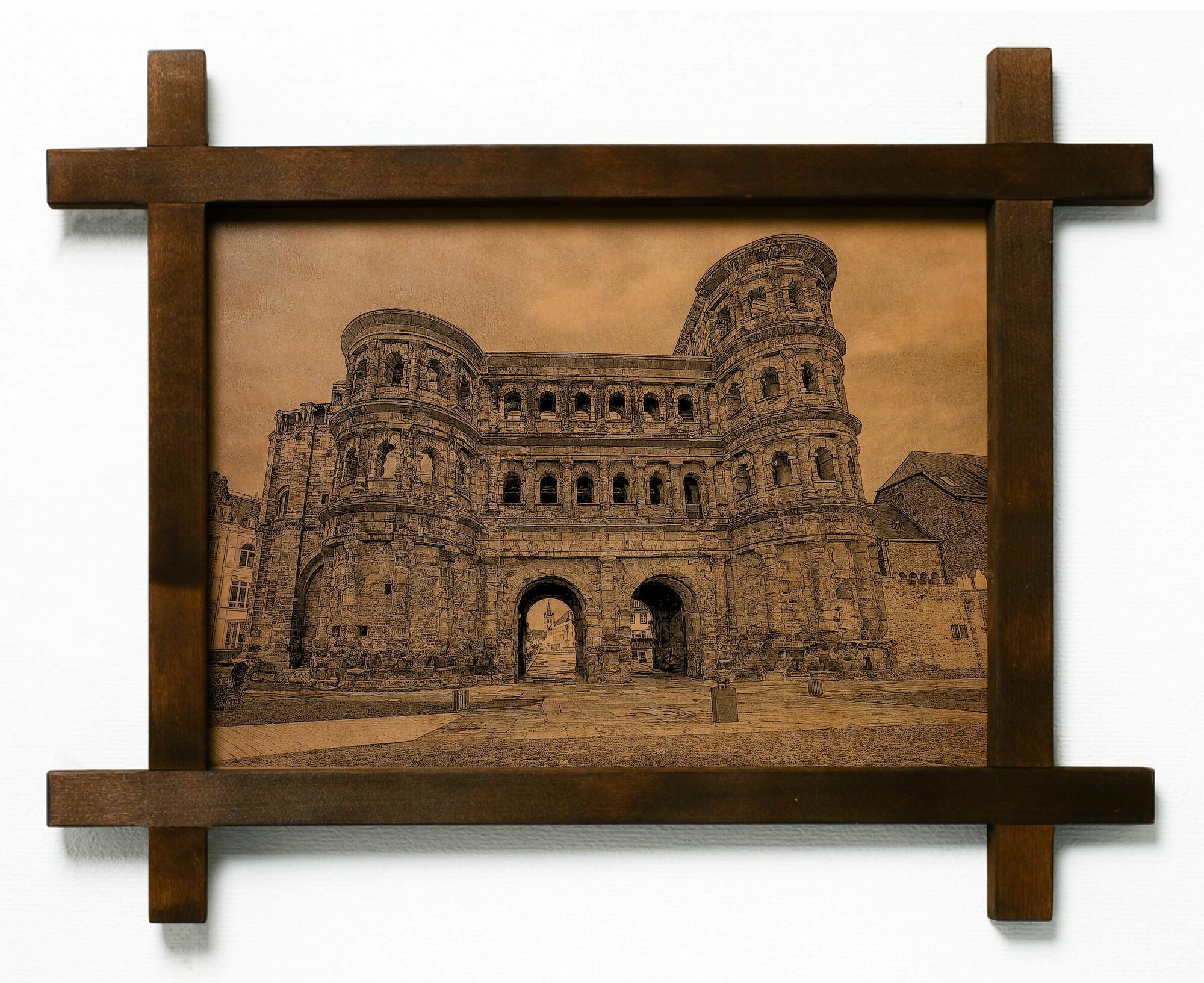 Картина Порта Нигра, Германия, гравировка на натуральной коже, интерьерная для украшения и декора на стену в деревянной раме, подарок, BoomGift