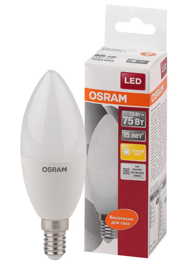 Лампочка светодиодная Е14 OSRAM LED Star, 806лм, 9Вт, 2700К, теплый свет, свеча, матовая