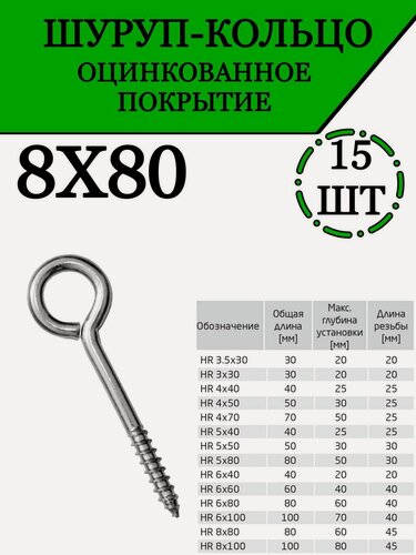 Изображение товара Саморез, шуруп кольцо оцинкованный, 8х80 мм, 15 шт.