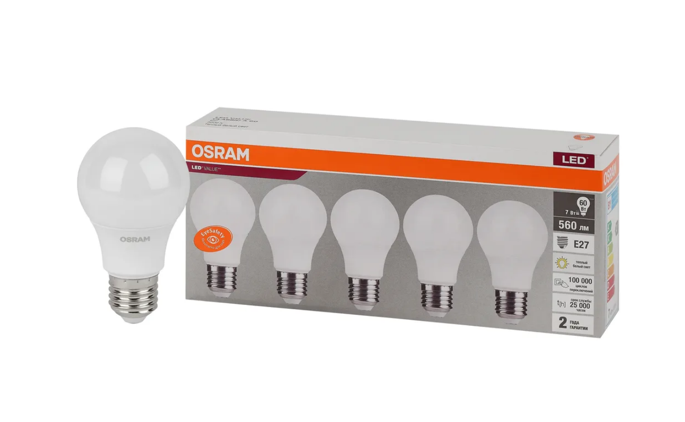 Лампа светодиодная OSRAM LED Value A, 560лм, 6,5Вт (замена 60Вт), 3000К, теплый белый свет, Цоколь E27 Упаковка 5 шт.