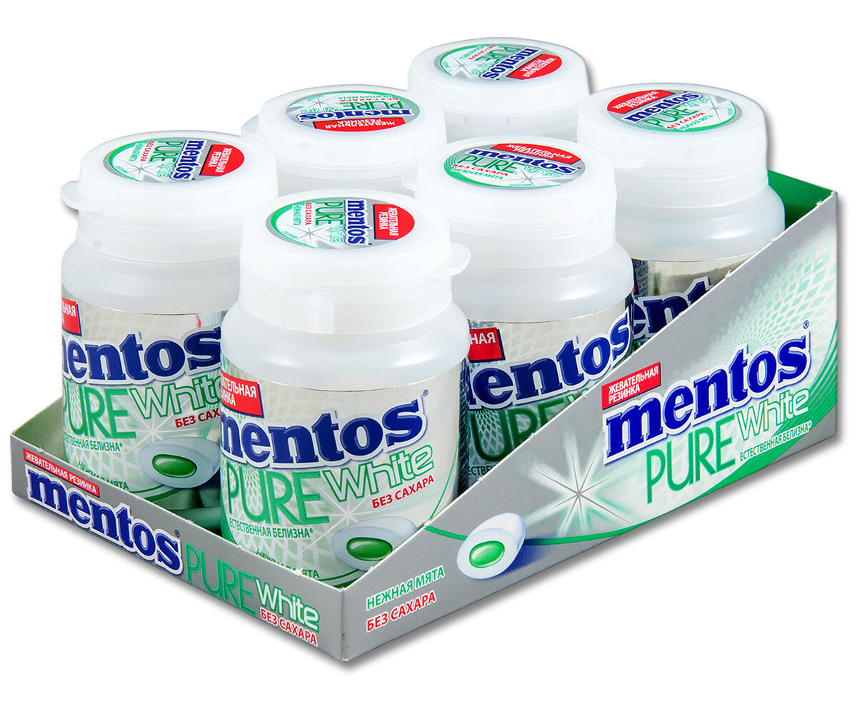 Жевательная резинка Mentos Pure White Нежная мята, без сахара, в банке, 54 г, 6 шт.