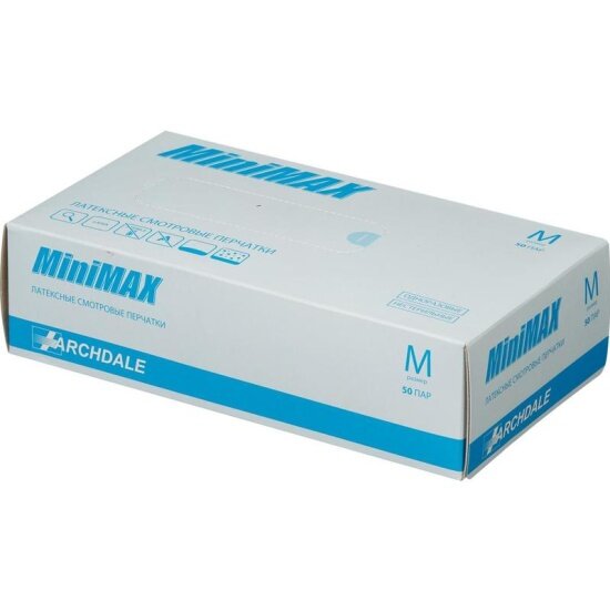 Перчатки Minimax медицинские смотровые латексные, нестерильные, с пудрой, (M) 50 пар/уп