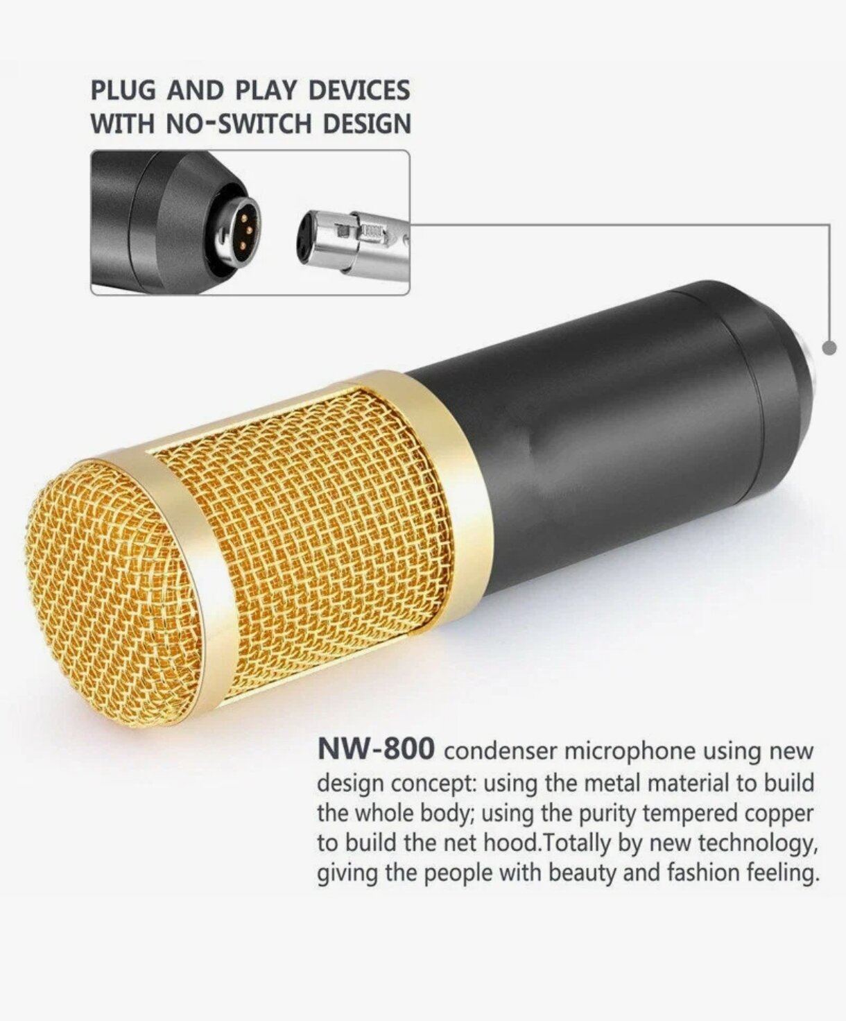 Конденсаторный студийный микрофон BM 800 со звуковой картой V8 (черный/золото)