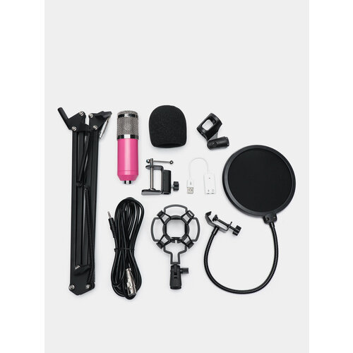 Микрофон BM 800 с аудиокартой, пауком, поп-фильтром и стойкой - БМ студийный конденсаторный(Розовый)